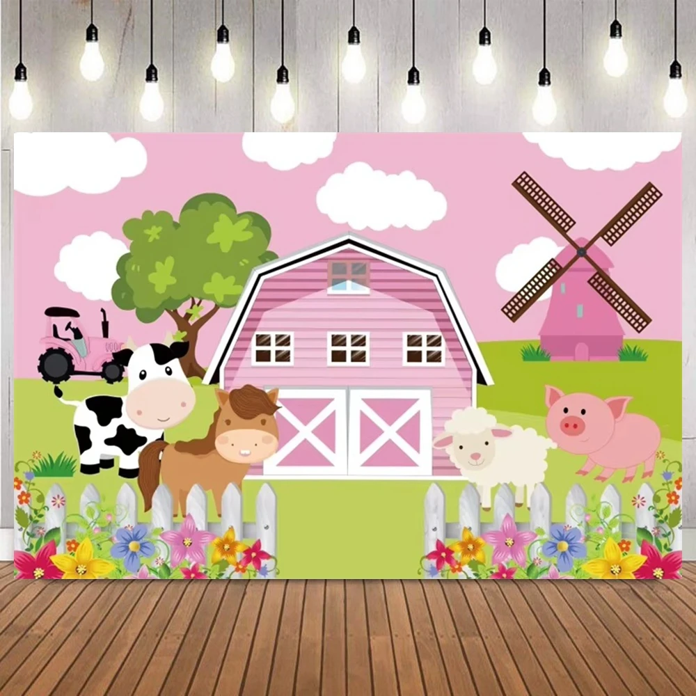 Cute Barn Farm Animals Photo Backdrop Truck Haystack Fence Birthday Party Baby Shower Portrait Home Decor Photography Background