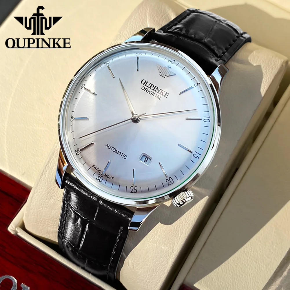 OUPINKE 3269 Men's Watch Ultra-thin Swiss Automatic Leather Strap Auto Date Mechanical Watch for Men Luxury Wristwatch