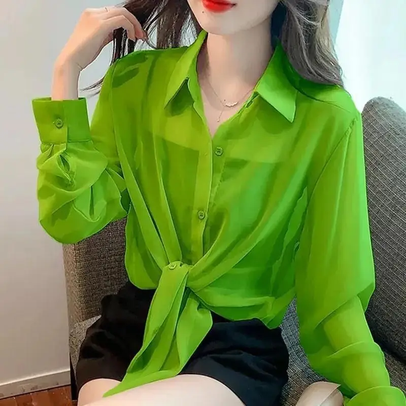 Thin Chiffon Shirt Women\'s Lace Up Cardigan 2024 Summer Outfit New Long Sleeve Sun Protection Shirt Air Plus Size Top Women