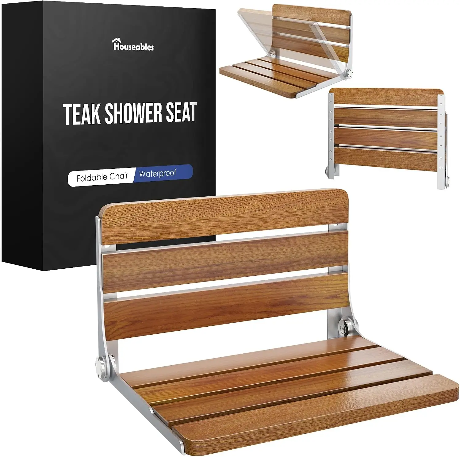 Folding Shower Bench, Folding Shower Seat Wall Mounted Wall Bench 17.5 Inch | Foldable Teak Chair, Fold Down/Up, Inside