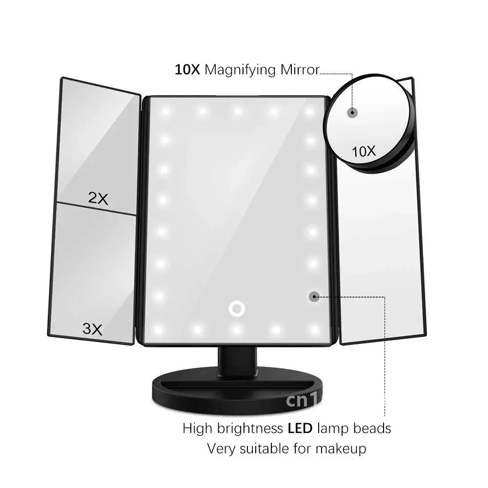 Miroir de maquillage pliable avec lumière LED, 3 miroirs pliants, 1x2x3x, miroir de courtoisie de bureau, miroir rotatif à intensité variable avec interrupteur tactile