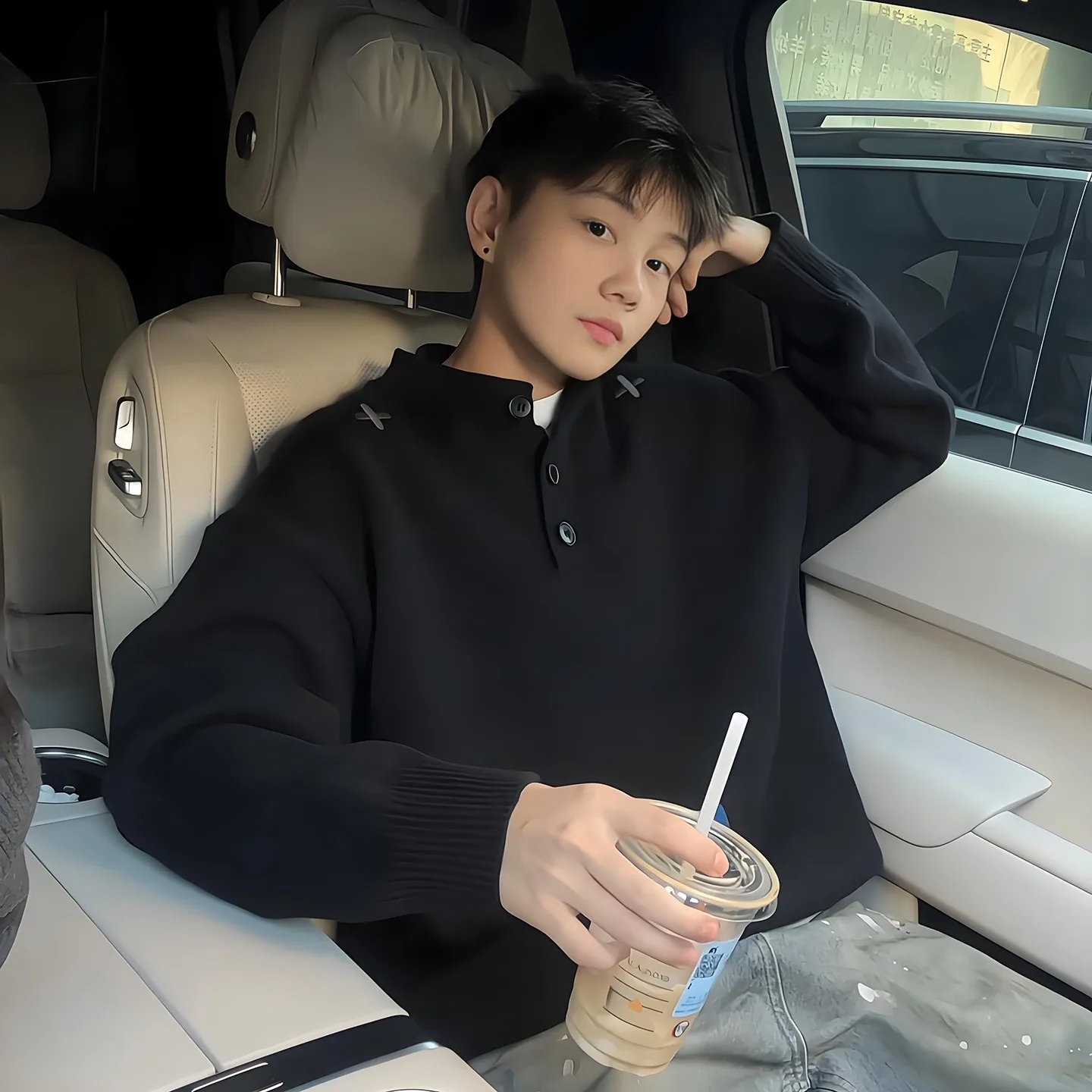 

Trendy Embroidered Henry Collar Knitwear Pure Color Lazy Sle Men's Sweater Casual Straight Tube Soft Polyester Winter Coat