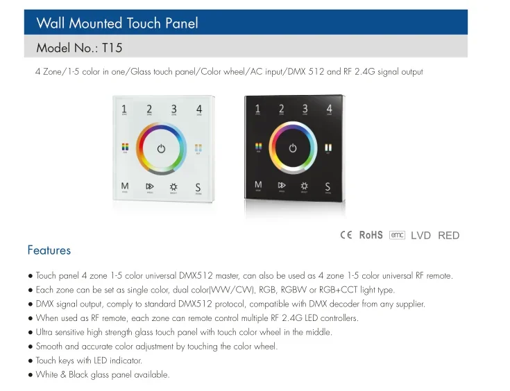 Panel táctil de pared T15 5 en 1, controlador maestro DMX de 4 zonas, atenuador de cristal Led AC110-220V para cinta monochrome/CCT/RGB/RGBW/RGB + CCT