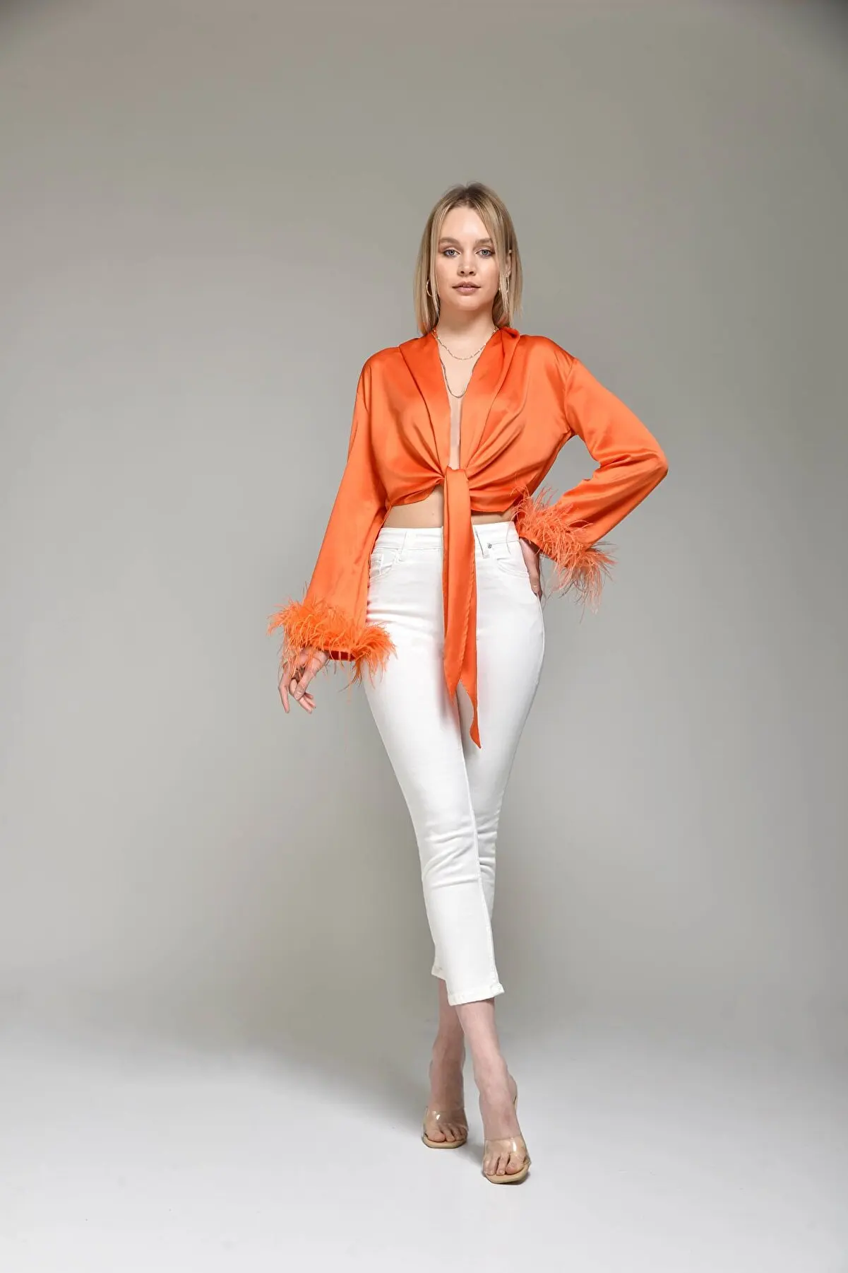 Women's Orange Sleeves Feathered Detailed Binding Oversize Satin Blouse Crop Tops for Ladies