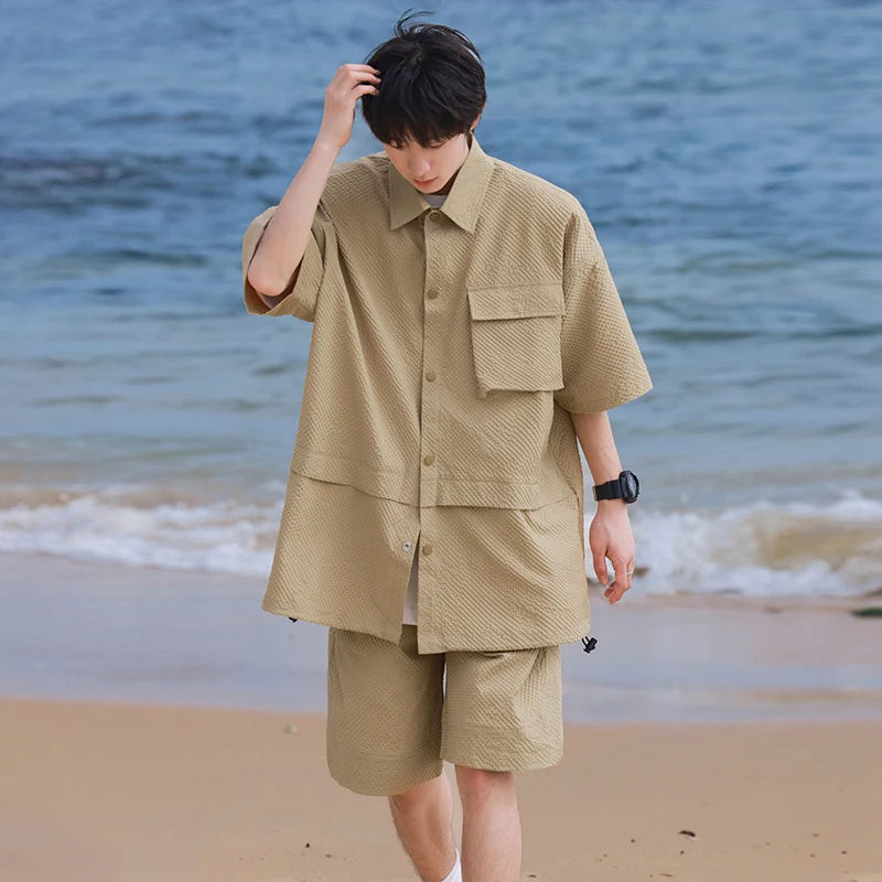 

Outdoor Summer Solid Color Set Couple Shirts Short Sleeve+Shorts 2piece Fashion Brand Split Sleeve Shirt Shorts Oversize Men's