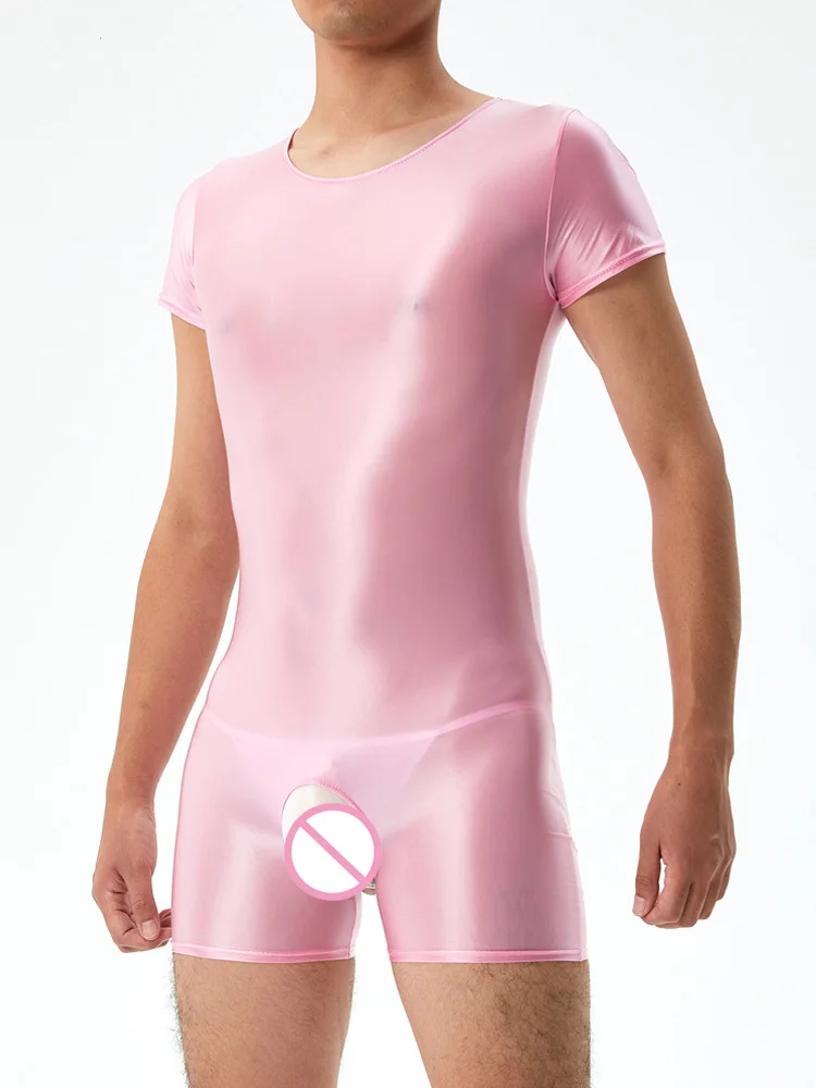 Men's Crotchless Bodysuit Stain Oil Shiny Tights Sheer See Through Yoga Shaping Leotard Elastic Sexy Exotic Tops Candy Color