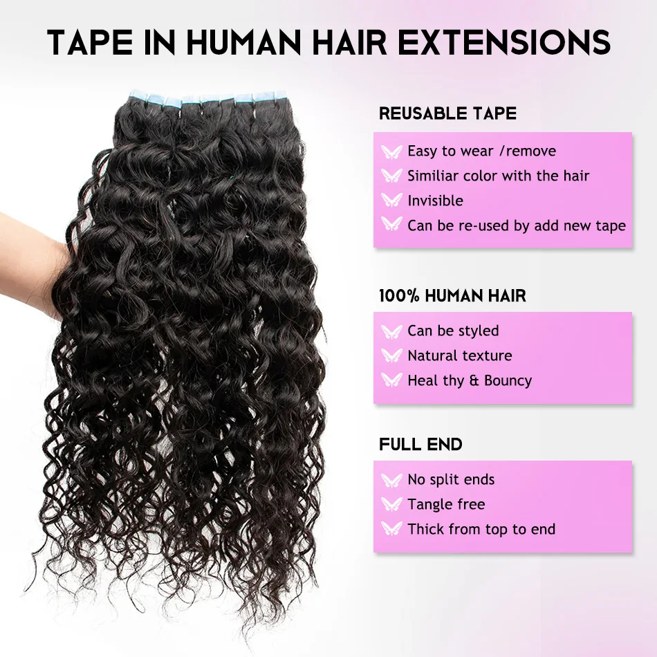 Water Wave Tape In Human Hair Extensions 12-26Inch 100% Real Remy Human Hair Seamless Skin Weft Tape In Hair Extensions 2.0G/Pc