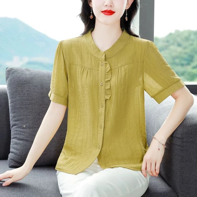Fashionable Short Sleeve Women's Shirt Loose Large Size Mommy Summer Wear Chiffon Top Chinese Style 2026 New Arrival