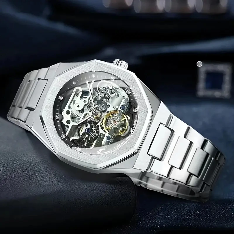 

[Роскошные механические часы] Роскошные мужские механические часы с автоматическим заводом без зарядки — круглый циферблат из нержавеющей стали, полый дизайн, водонепроницаемость 30 м, ремешок из сплава — идеальный подарок