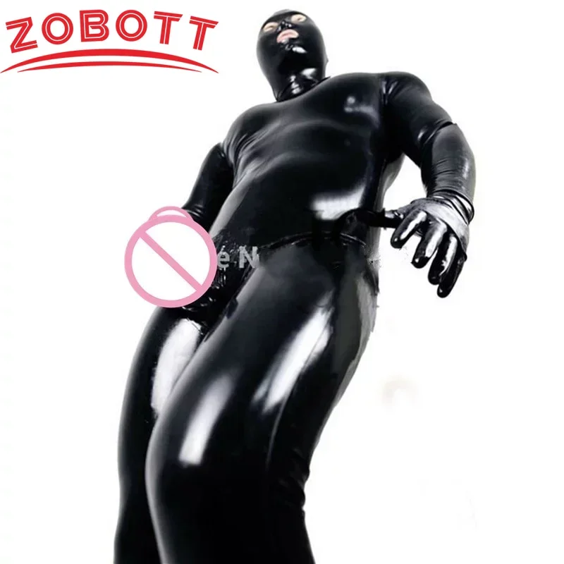 Men\'s Stretch PVC Bodysuit With Penis Sleeves Sexy Open Eye PVC Wetlook Leather Latex Catsuit Hot Erotic Gay Fetish Wear Costume