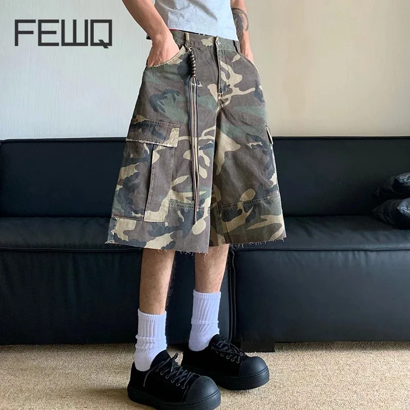 FEWQ American Style Washed Camouflage Multi Pocket Workwear Pants Loose Straight Leg Casual Shorts 2024 Male Trousers 24E1425