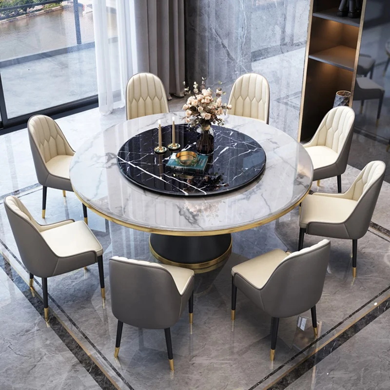 8 People Sit Luxury Marble Dining Table And Chair Combination Round Table With Turntable