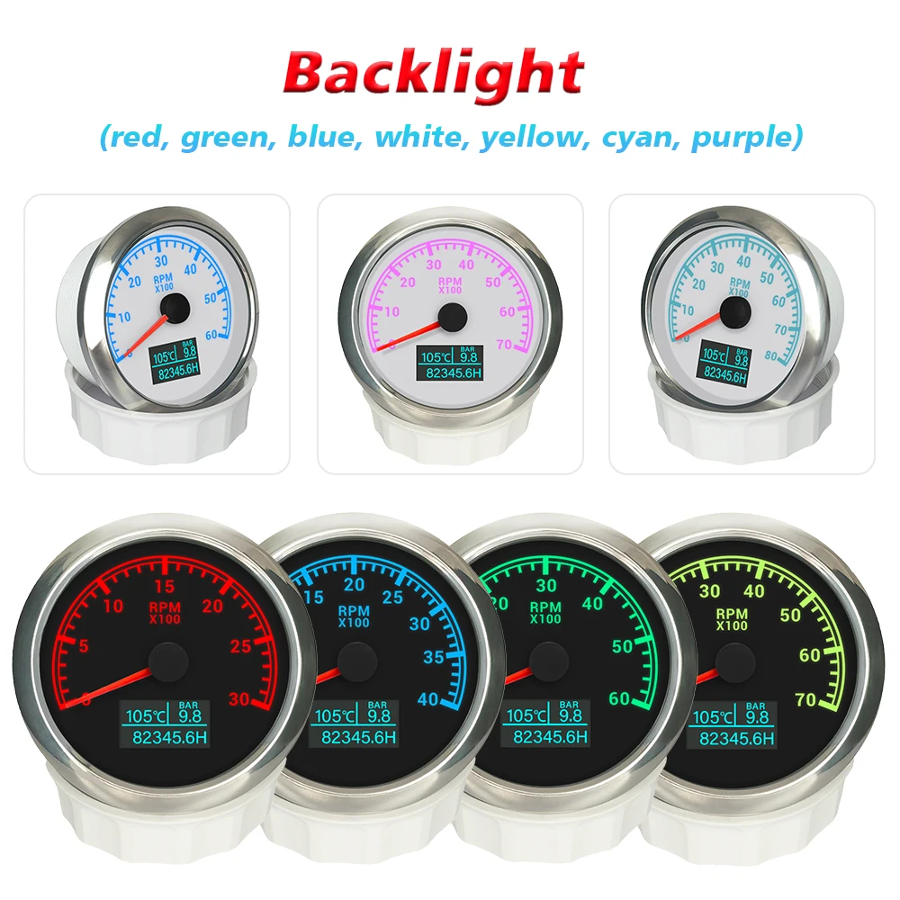 Rhaxel 85mm Tachometer 3000RPM 4000RPM 6000RPM 7000RPM 8000RPM with Oil Pressure Water Temp with Backlight for Car SUV Vessels