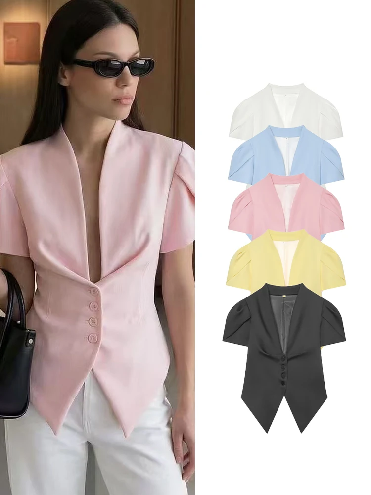TFMLN Summer Women Short Puff Sleeve Coats V Collar Single Breasted Slim Fit Jacket Lady Chic Solid Party Bow Streetwear