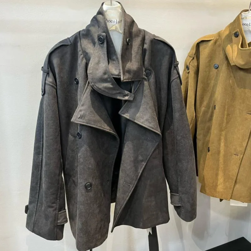 سترة نسائية كلاسيكية من جلد الغزال من KWTX بطية صدر مزدوجة مع حزام كاجوال ممتاز مريح وصل حديثًا لخريف وشتاء 2025