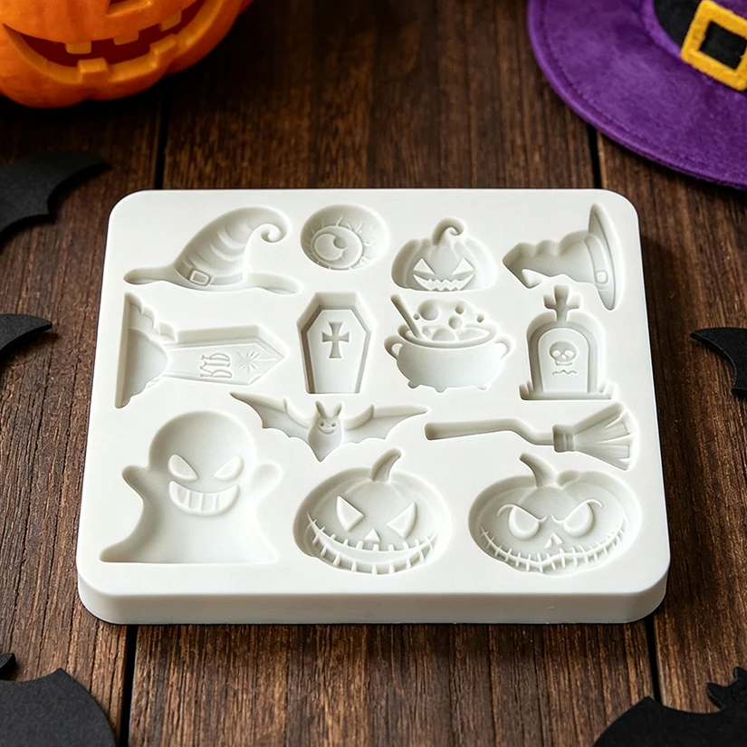 Halloween Kürbis Geist Fledermaus Hexenhut Grabstein Silikonform für Zuckerguss, Harz, Cupcake-Backen, Fondant und Kuchendekoration – Detail 7