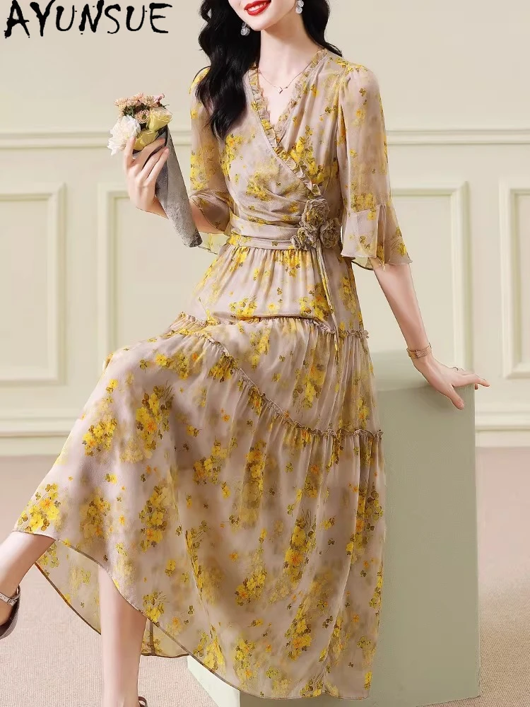 AYUNSUE 100% Natural Mulberry Silk Womens Dresses Elegant Dress for Women Fashion Summer Clothes Long Style 2026 New in Dresses