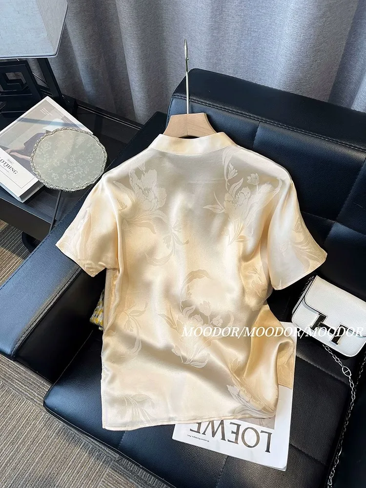 새틴 실크 자카드 레트로 셔츠 여성 짧은 소매 꽃 프린트 블라우스 중국 스타일 빈티지 루즈 탑 여름 새로운 패션