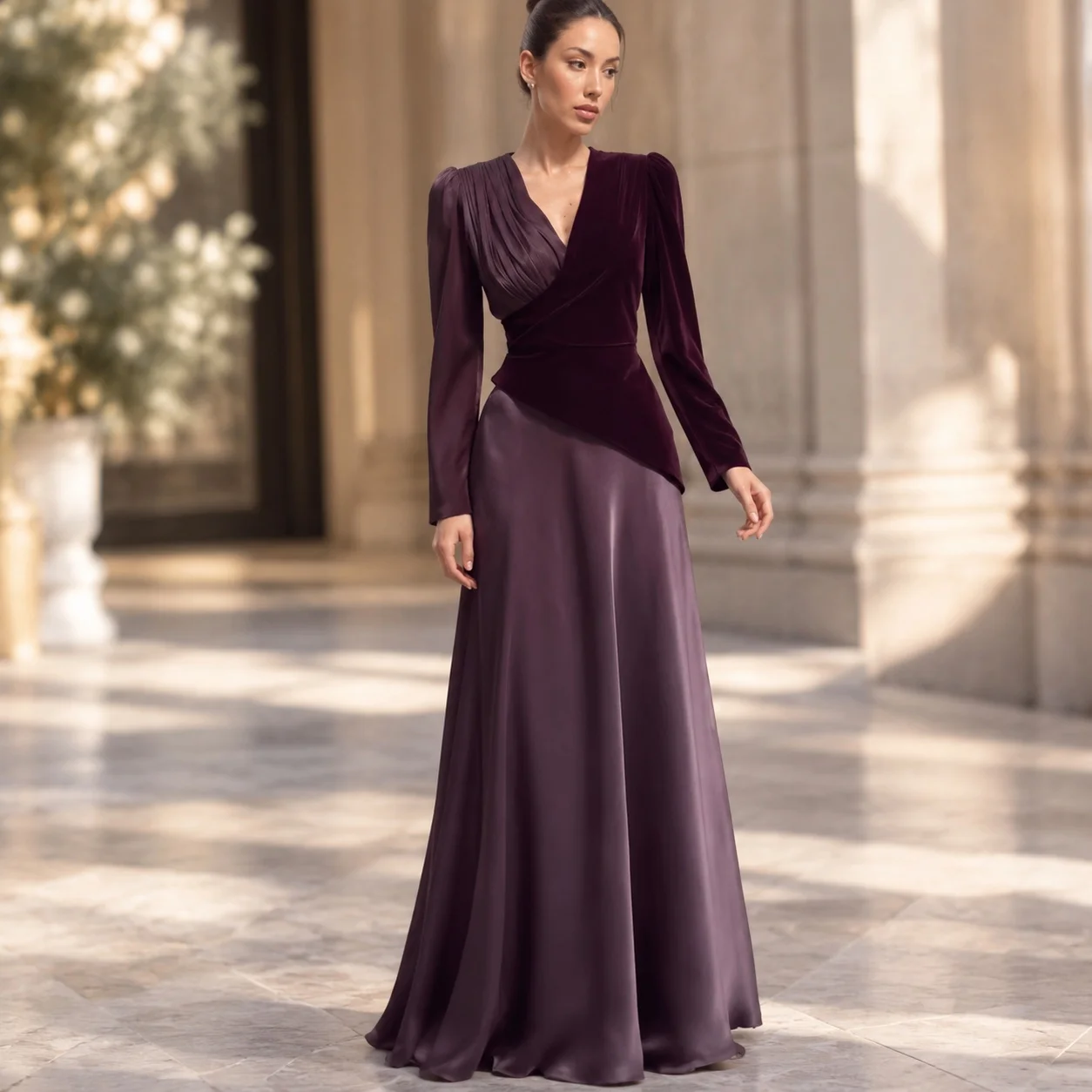 V Neck Long Sleeve Dress Maxi Length Elegant Style with Artistic Retro Fitted Waist Slim Fit Dresses Wedding Guest for Women