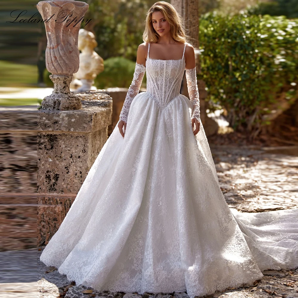 Lceland Poppy Customized A Line Square Neck Lace Wedding Dresses Sleeveless Illusion Bridal Gowns with Chapel Train