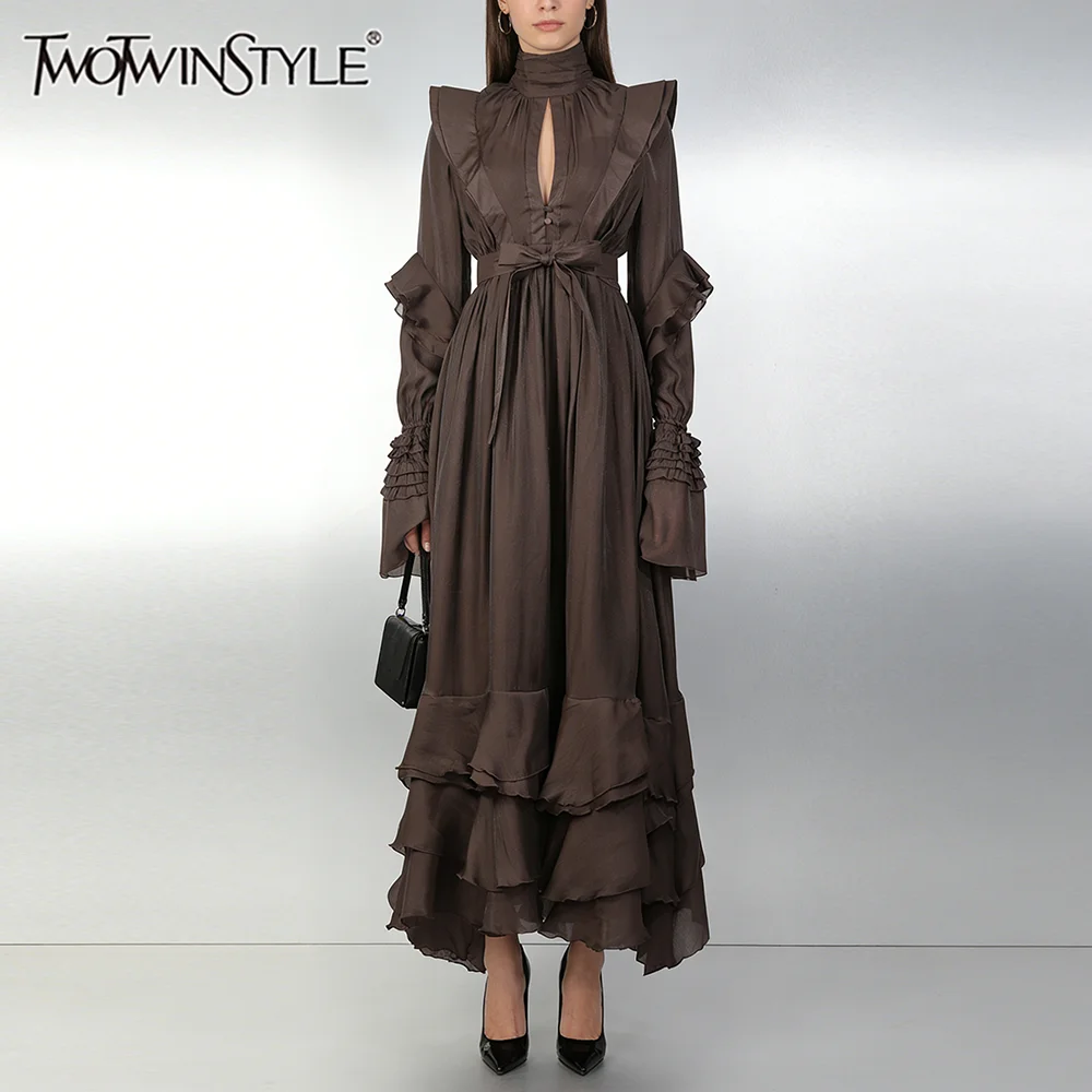 

TWOTWINSTYLE Solid Spliced Ruffles Folds Temperament Dresses for Women High Neck Long Sleeves High Waist Hollow Out Dress Female