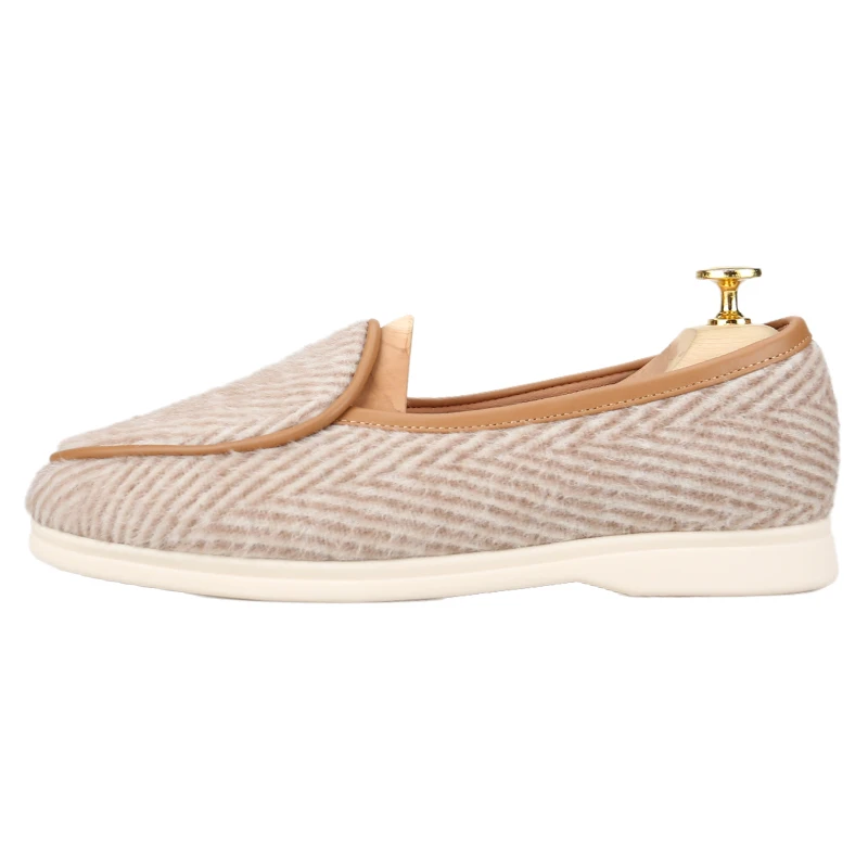 Piergitar Classic Model Apricot Fish Bone Pattern Wool Summer Walk Shoes British Style White Rubber Non-Slip Sole Men's Loafers