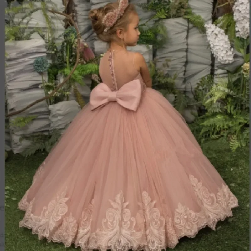 Pizzo Puffy Layers Flower Girl abiti Pink Tulle Bow Kids Princess Dress prima comunione compleanno battesimo regali per bambini