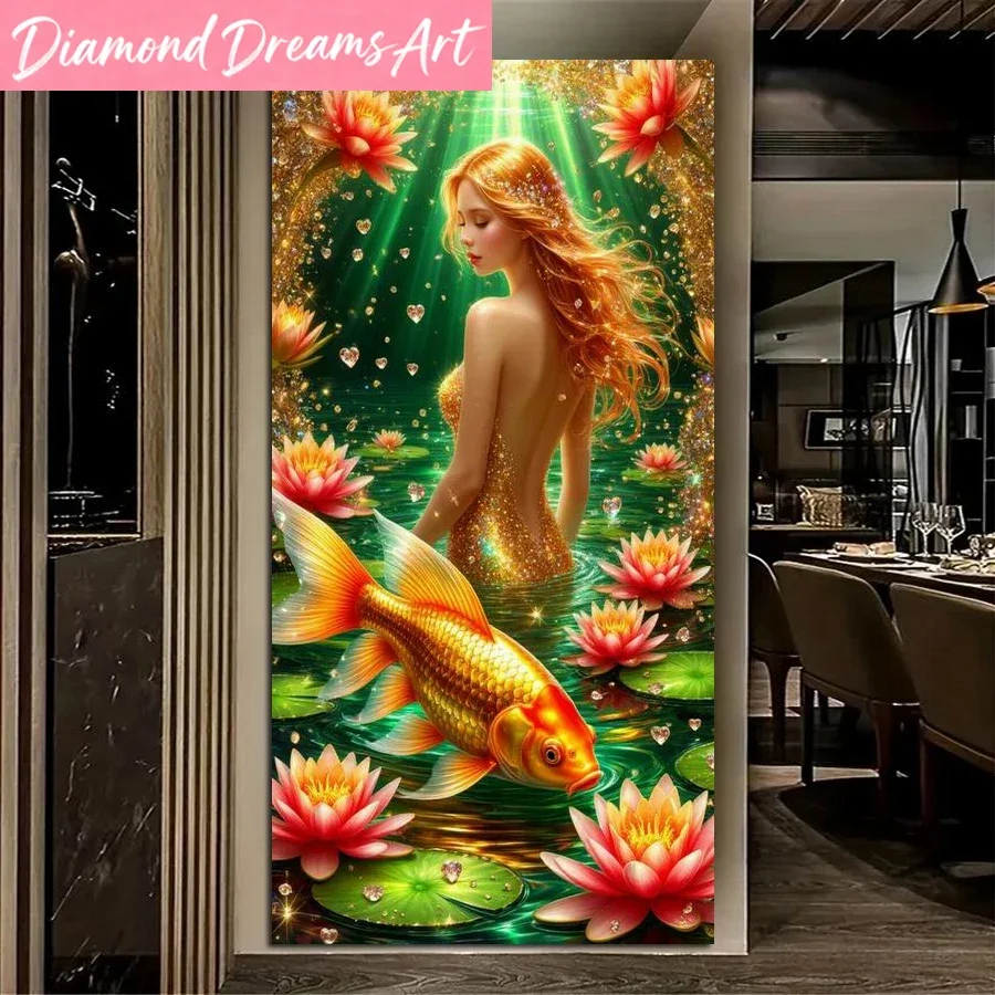 Image of Rahmenloses Meerjungfrauen-Karpfen-Lotus-Bild, Großformatiges DIY-Diamant-Kunstgemälde, Vollquadratische/Runde Bohr-Mosaik-Stickerei-Sets für die Wanddekoration