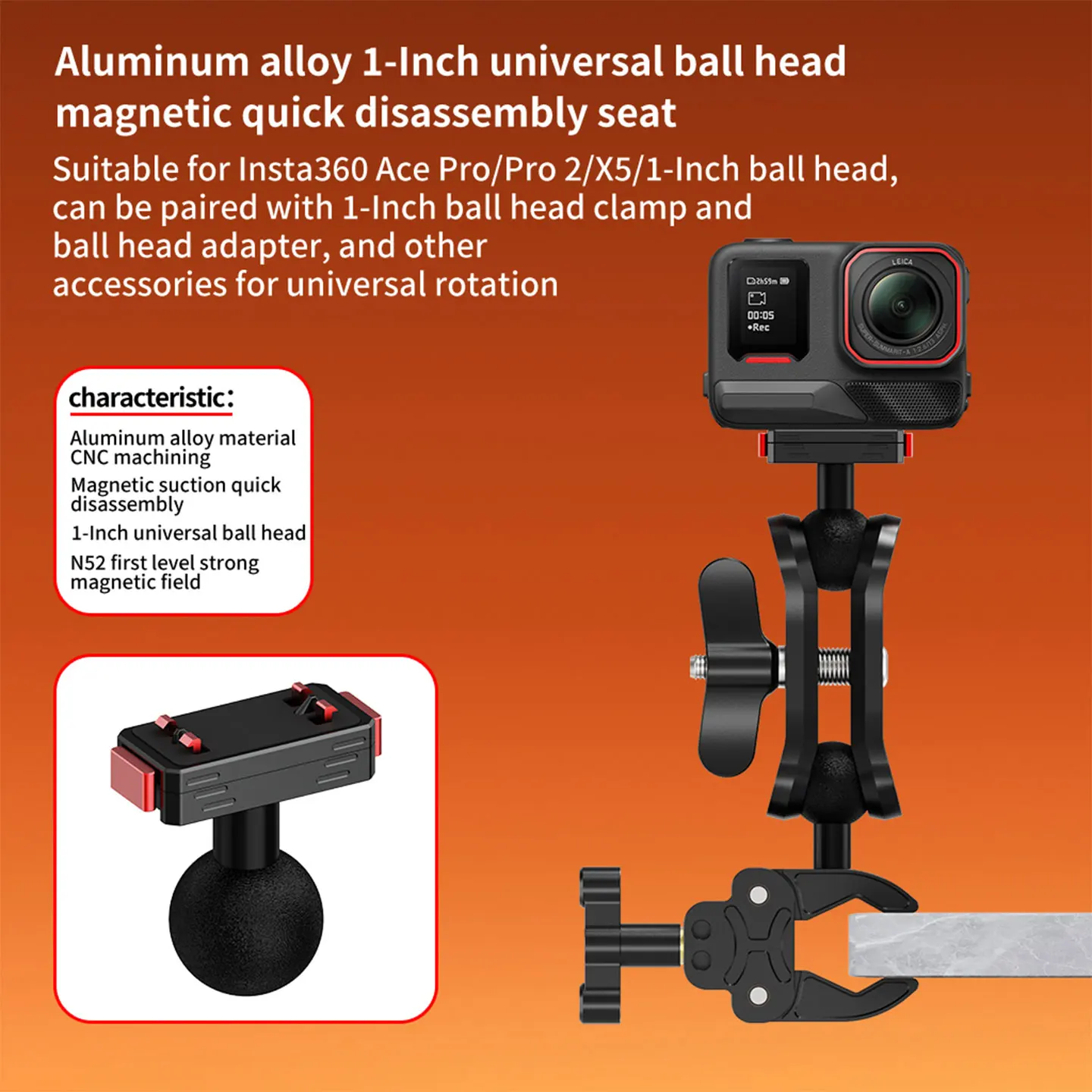 Für Insta360 Ace Pro 2 / Ace Pro / Ace X6 / X5 Magnetische Schnellwechselbasis 360° drehbare Stativhalterung 1/4 17/25mm Kugelkopfadapter – Detail 12