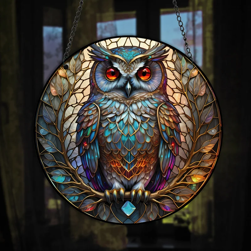 Stained Owl Acrylic Plaque Round HD Animal Pattern Zoo Signs Kid's Bedroom Wall Decor Hanging Painting Home Window Suncatcher