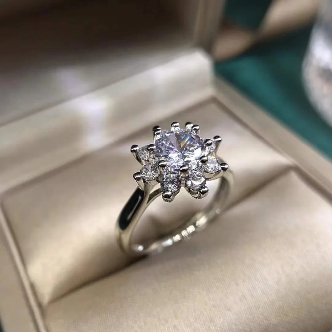 PT950 sapphire diamond ring for women, Korean version women's six-prong diamond ring, couple's ring, open wedding ring