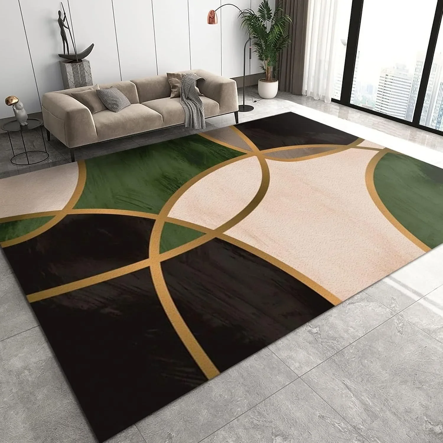 Nordic Light Luxury Art Area Rugs, Modern Abstract Emerald Green Black Gold Geometry Carpet Non Slip Mat for Living Room Bedroom