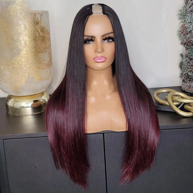 

180 Density Free Part Long Straight Ombre Burgundy 99j U Part Wig Brazilian Human Hair Wigs For Black Women Glueless U Shape Wig