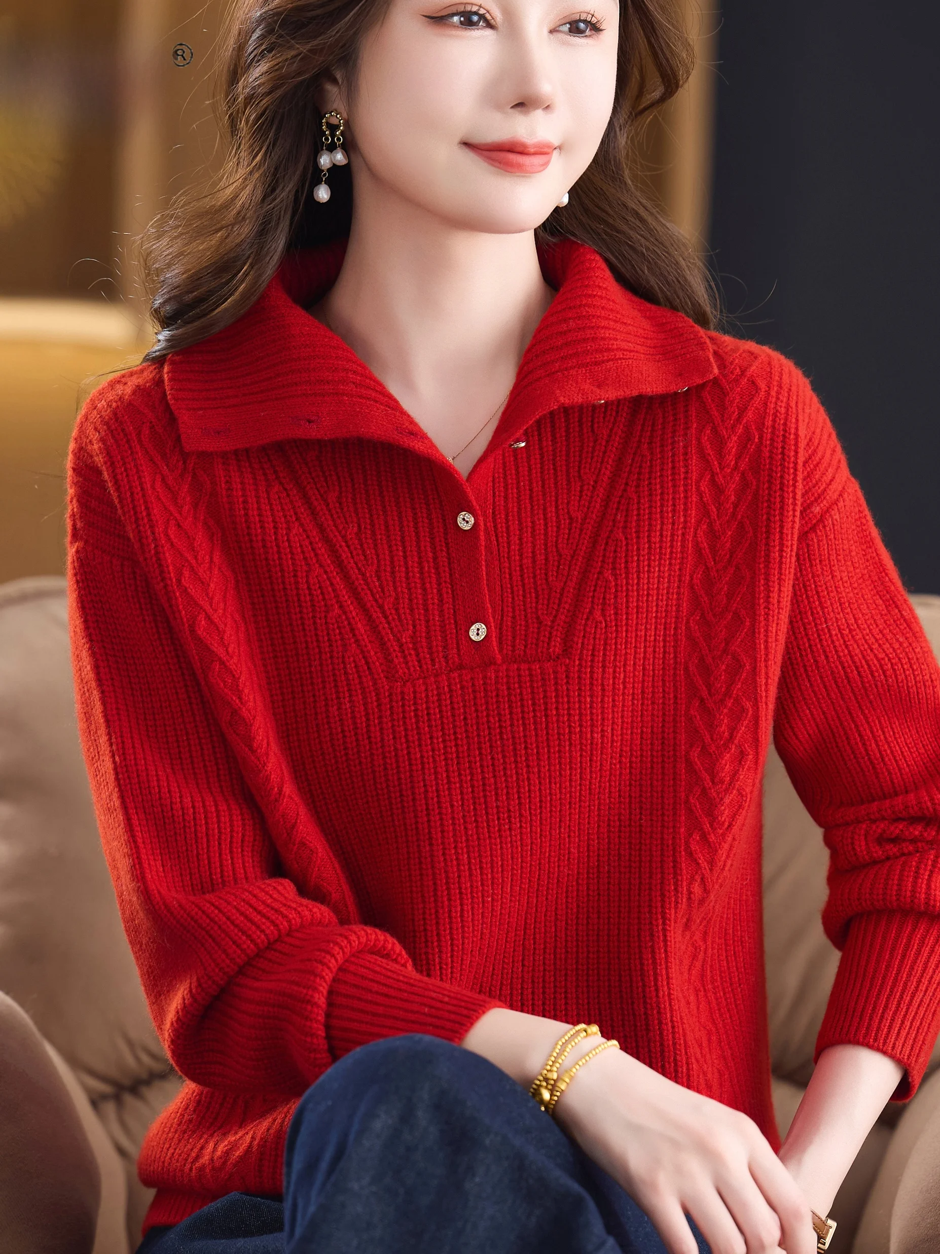 

High Quali 00 Pure Wool Sweater Women's Collared Casual Loose Top for Middle-Aged And ly Autumn Winter Faion