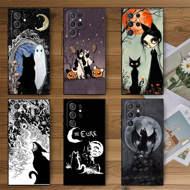 Black Cat Witch Aesthetics Soft Phone Case for Samsung Galaxy S26 S25 Edge S24 Ultra S23 Plus S22 S21 FE S20 Black Cover Back Sh