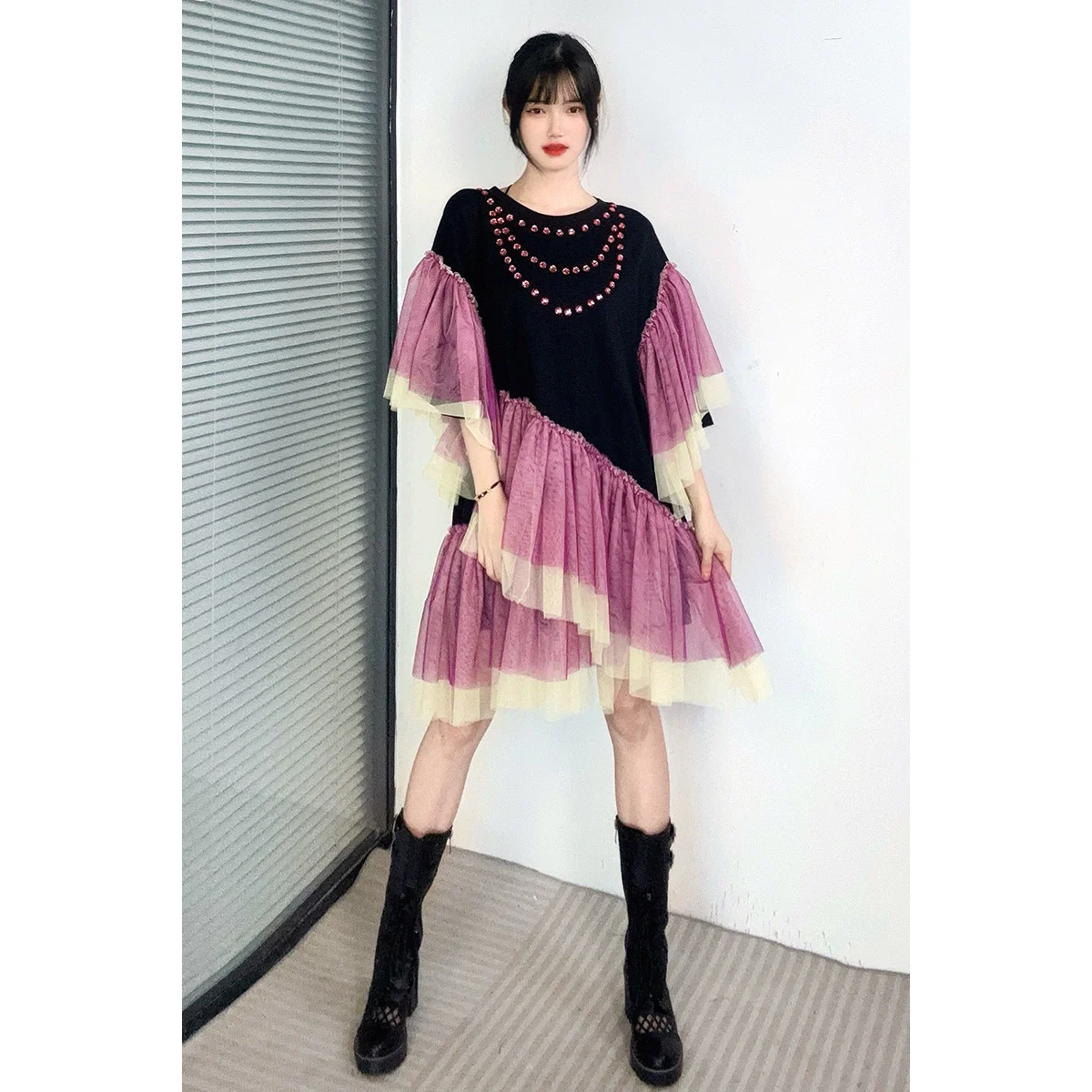 Summer Mesh Spliced Ruffles T-Shirts Dress Contrast Color Multi-Layers Lotus Edge Gauze Patchwork Pleated Tees Dress Vestidos