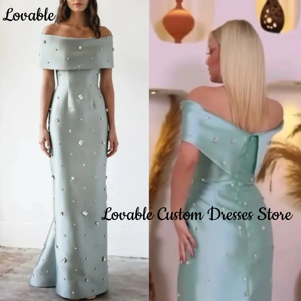 Aangepaste prom jurken 2025 kolom off-the-shoulder halslijn vloer-lengte rits up kralenjurk korte mouwen jurk dames elegant