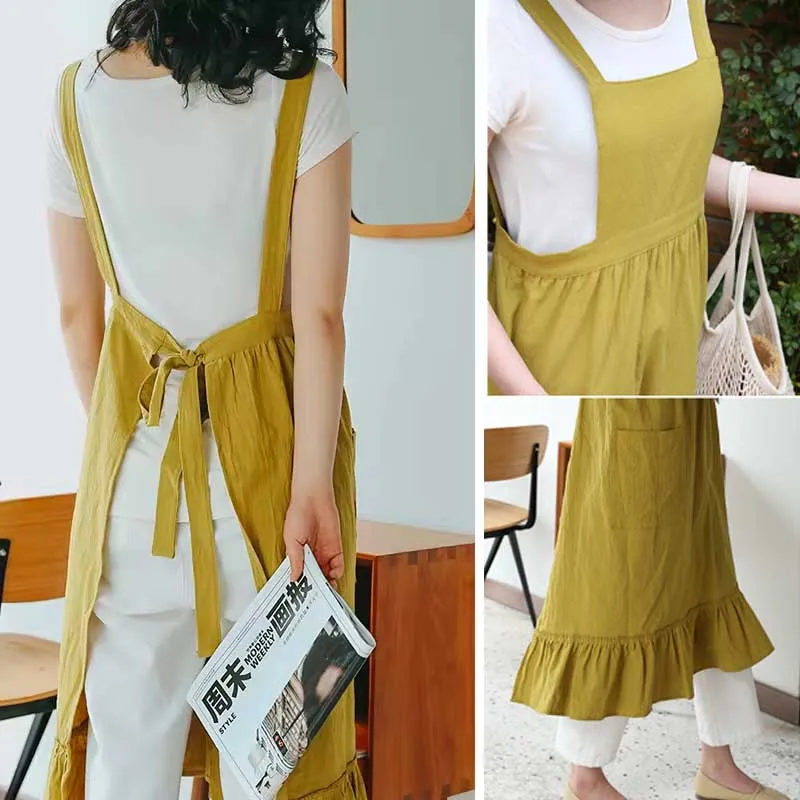 New Yellow Stain-resistant Cotton Ruffled Apron with Pockets Women\'s Wrinkle Beauty Aprons Smock for Kitchen Coffee Shop Garden