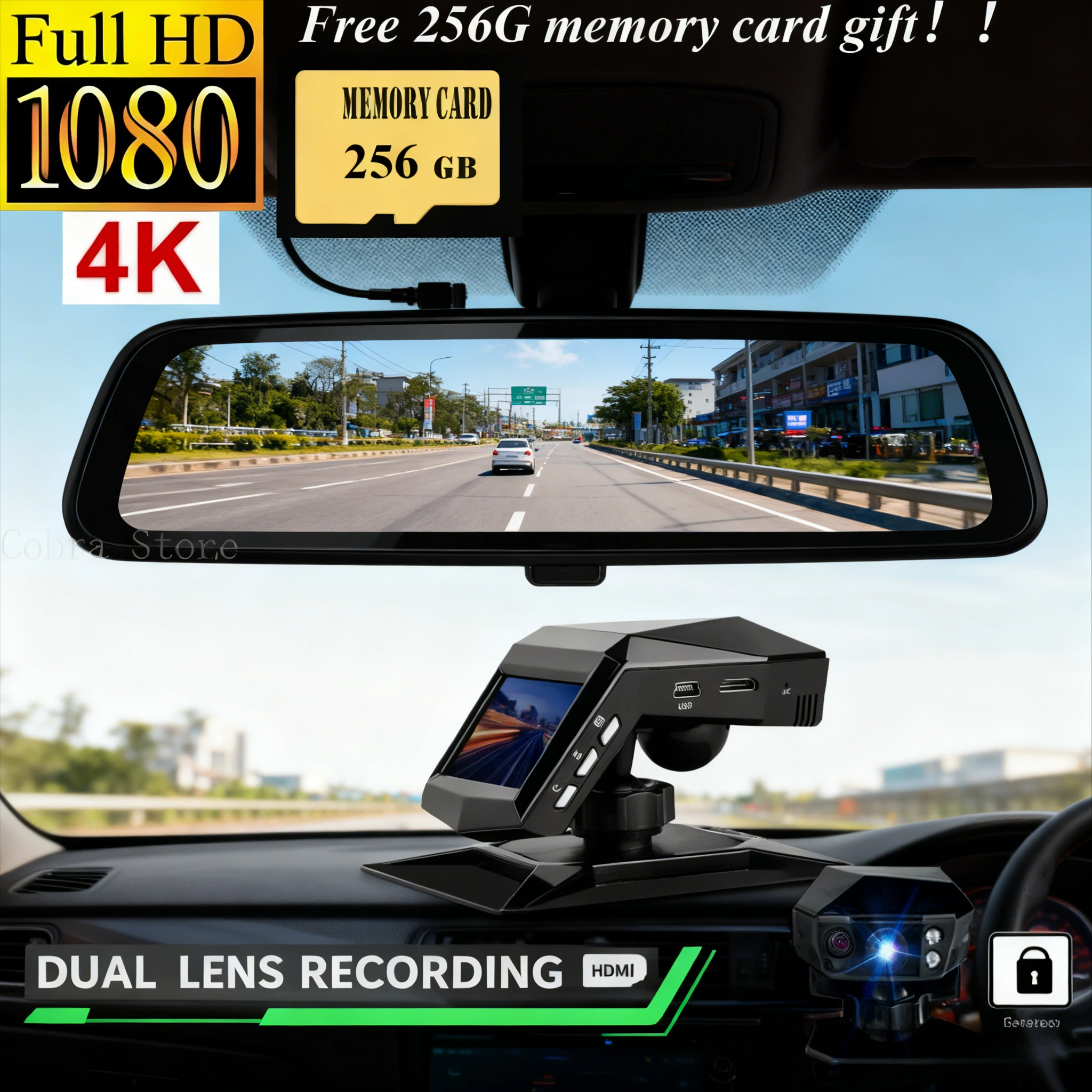 Rejestrator samochodowy 4K HD, kamera samochodowa 1080P, darmowa karta pamięci 256 GB w prezencie, kąt widzenia 170 stopni, noktowizor, rejestratory samochodowe z nagrywaniem w pętli.