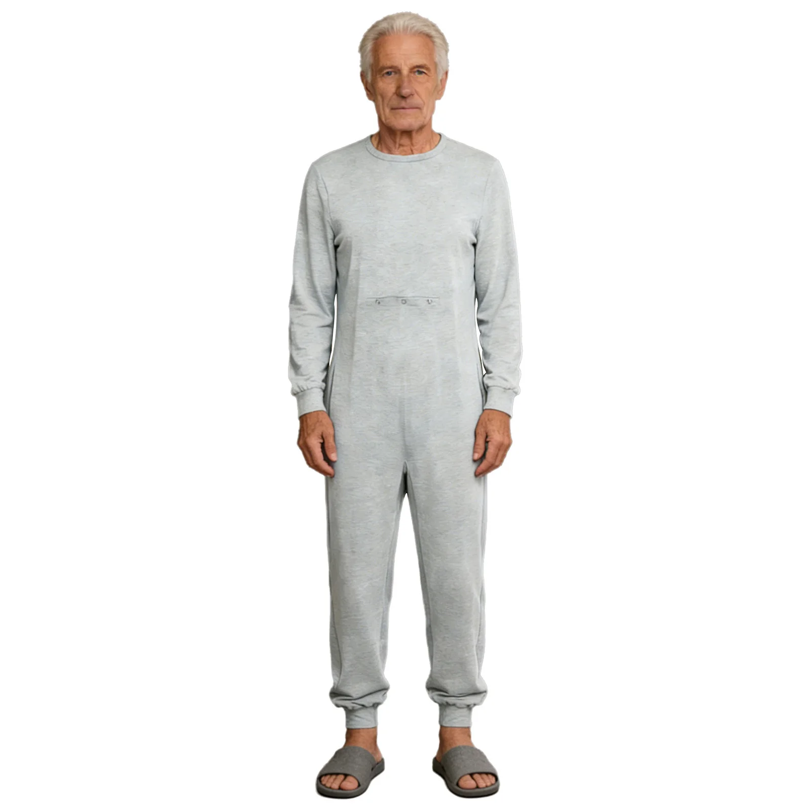 Mens Womens Elderly Adaptive Jumpsuit with Feeding Tube Access Long Sleeve Jogging Pants Anti-strip Rompers for Special Needs