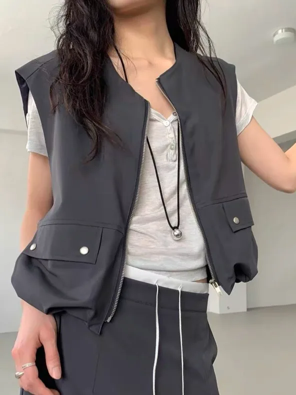 

Fashionable Zipper Detail Large Pocket Women's Set High Waist Skirt Short Sleeve round Neck Open Cardigan Summer Outfit