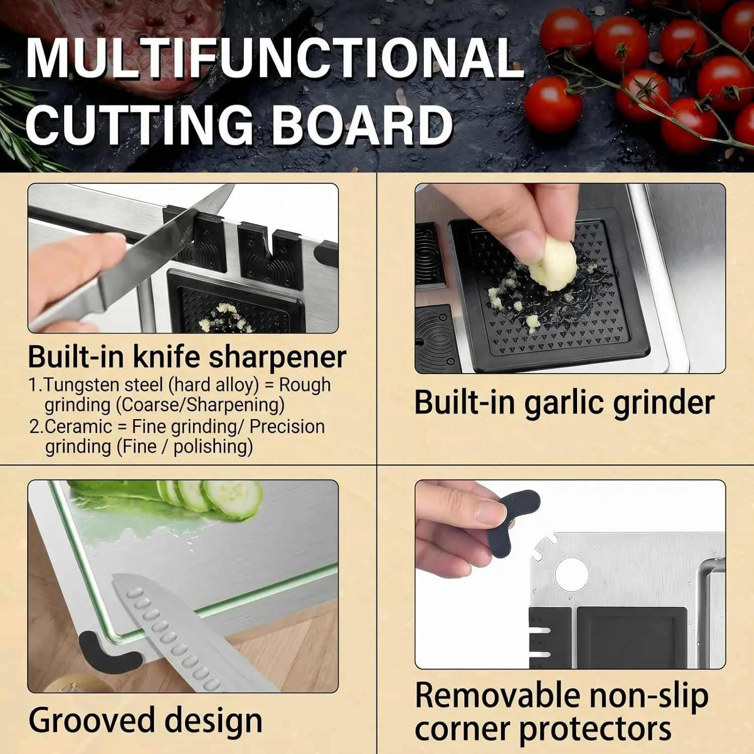Titanium Cutting Board For Kitchen, 2026 New Food-Grade Board, With Sharpenersr, Garlic Grinding Area, Juice Groove, Non-Slip