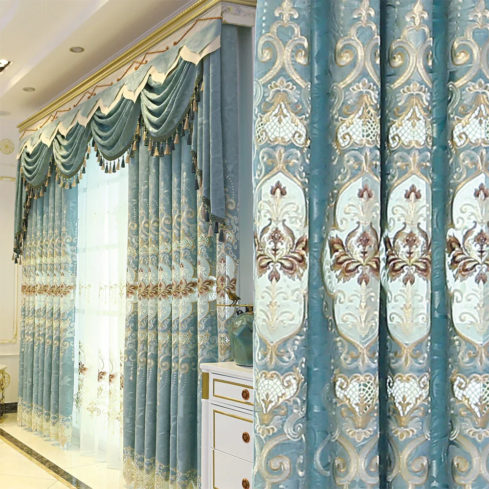 

European Embroidery Is Luxurious and Elegant Light Blue Half Blackout Window Curtains for Living Dining Room Bedroom Villa Home