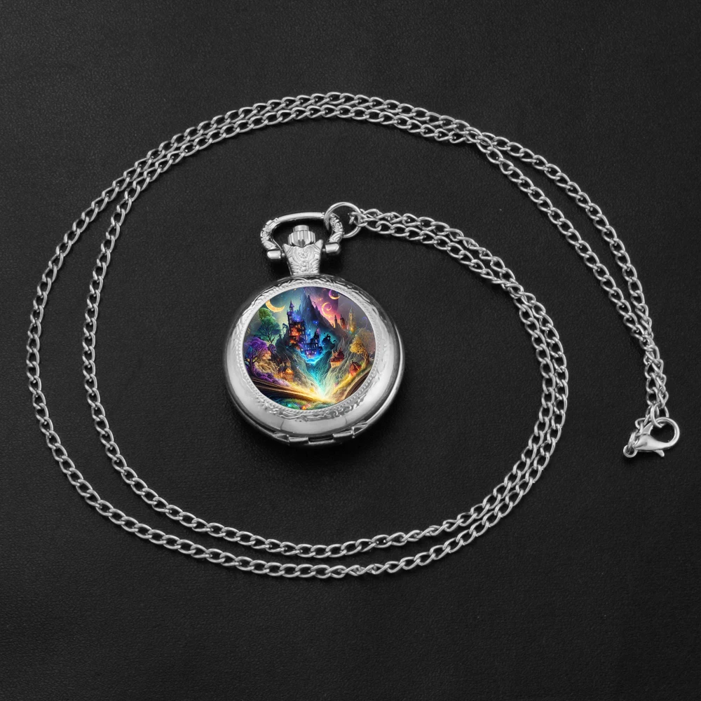 Retro Exquisite Magic Book Castle Design Medium Pocket Watch Necklace Kids Birthday Gift Pocket Watch Pendant Fashionable