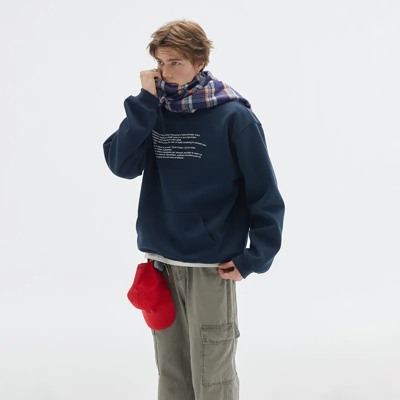 

American Sle Streetwear Autumn Simple Hooded Sweatirt Printed Indigo Blue Men's New Model with Hat Overhead irt