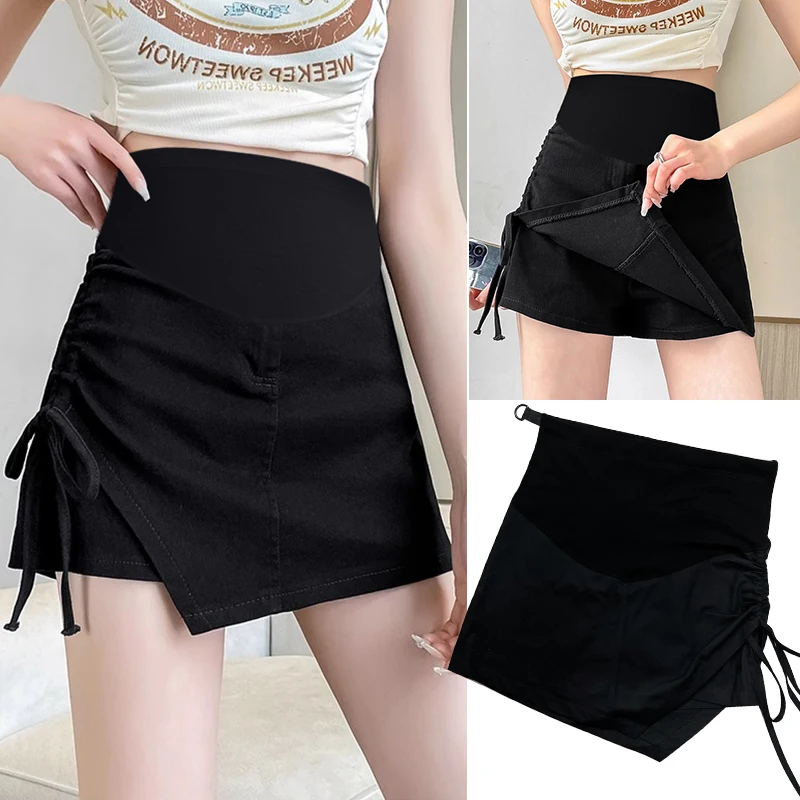 Irregular Maternity Belly Skirts Summer High Waist Side Drawstring Pleated Pregnant Woman Empired Skirts Pregnancy Denim Skirts