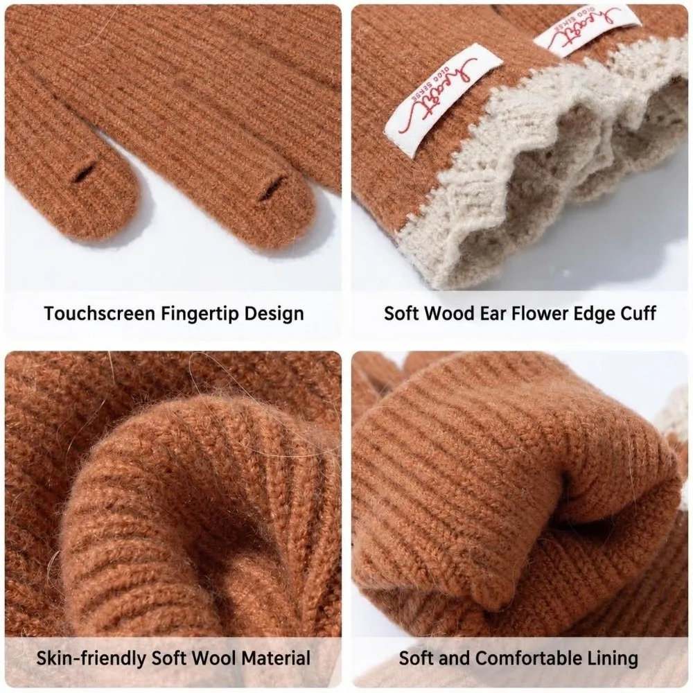 Comfortable Lace Cuff Open Tip Touch Screen Gloves Warm Winter One Size Wool Blend Gloves Long Knitted Gloves For Students