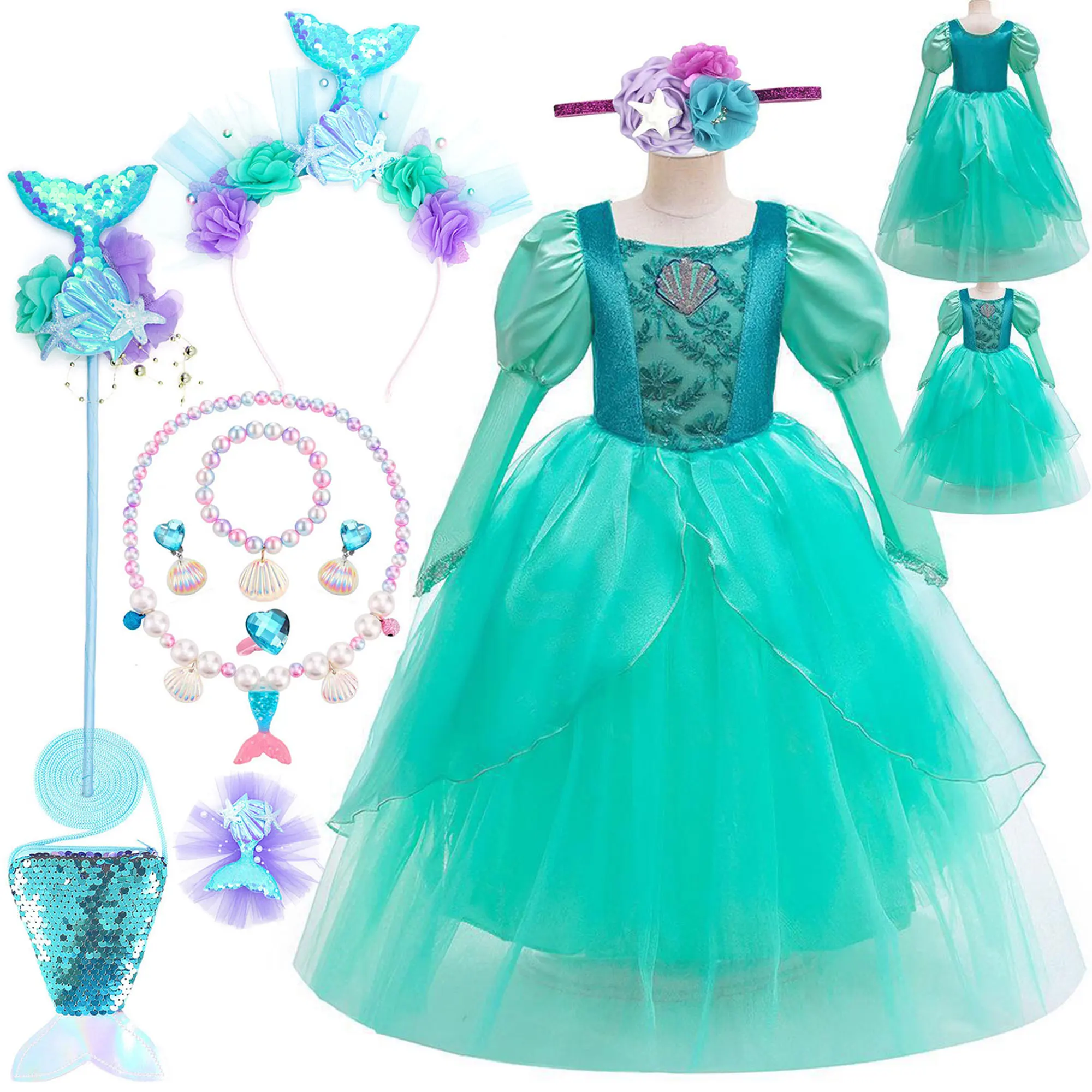2026 Girls Mermaid Halloween Costume Green Princess Dress Cosplay Outfit with Headband Accessories Birthday Party Fancy Dress