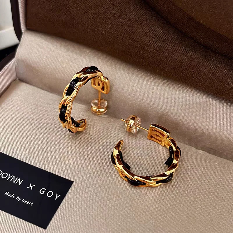 

Golden Leather Woven Large Circle Earrings for Women 2026 Summer Luxury 18K Gold Plated Stainless Steel Earring Fashion Jewelry