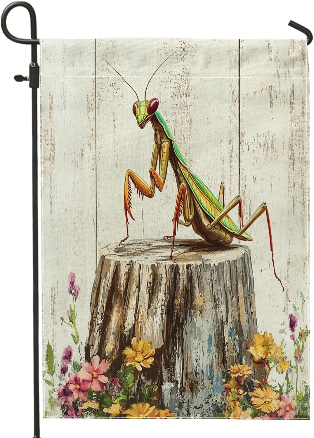 Spring Praying Mantis Garden Flags 12”x18” Double Sided for Outside, Floral Wood Stump Front Yard Small Canvas House Flags,  ZZM